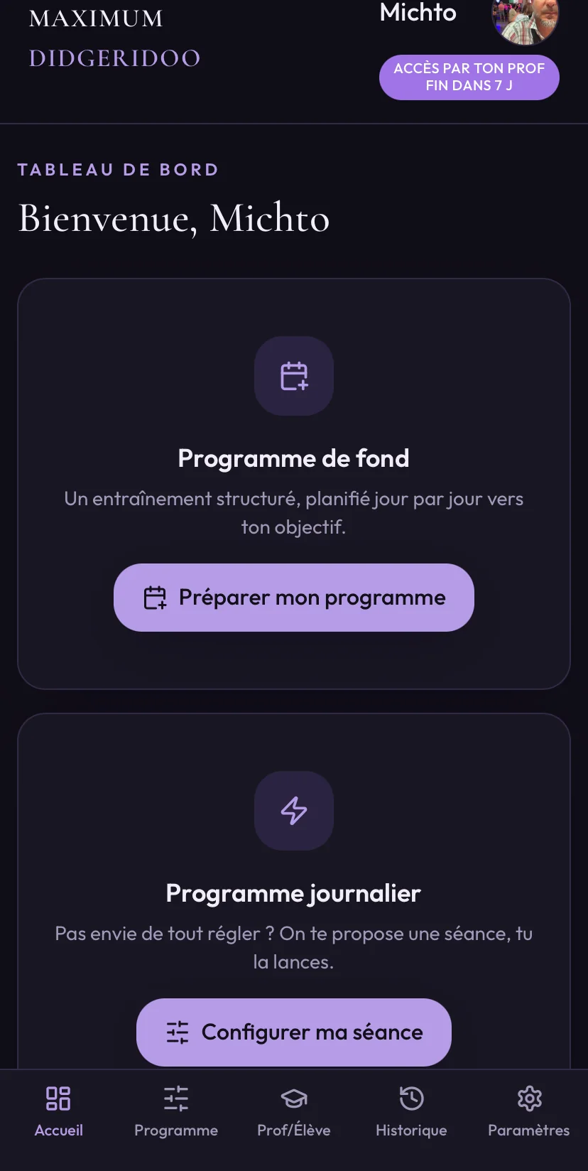 Écran d'accueil de Maximum Didgeridoo : programme de fond et programme journalier