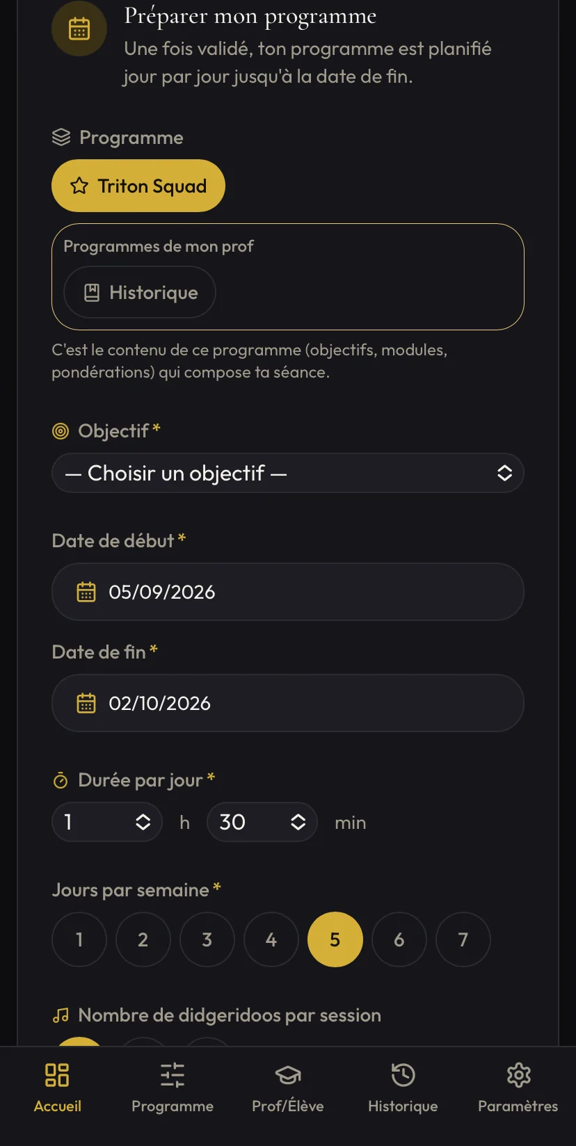Écran de préparation d'un programme d'entraînement au didgeridoo